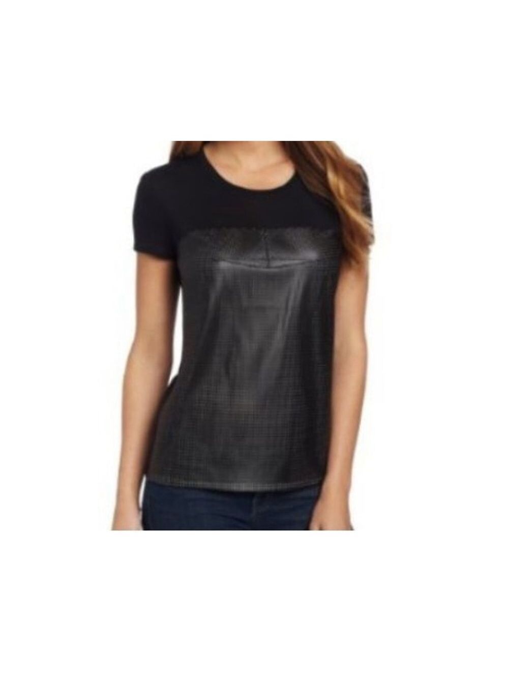 BCBGMAXAZRIA Perforated Faux Leather Hudson Top Size L Black